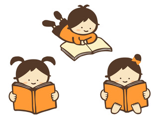 かわいい読書をする子どものセット素材／手描きイラスト素材