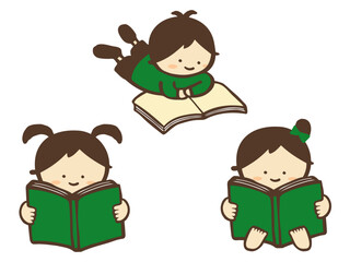 かわいい読書をする子どものセット素材／手描きイラスト素材