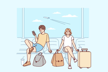 Happy couple with suitcases sitting in airport ready for summer vacation. Smiling man and woman with baggage excited about traveling. Tourism concept. Vector illustration. 