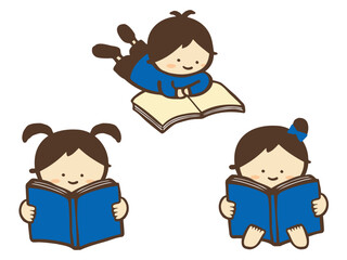 かわいい読書をする子どものセット素材／手描きイラスト素材