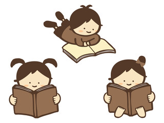 かわいい読書をする子どものセット素材／手描きイラスト素材