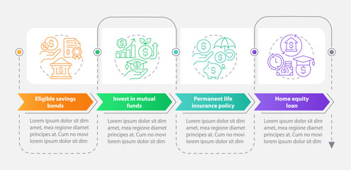 Ways to save for college rectangle infographic template. Finances. Data visualization with 4 steps. Editable timeline info chart. Workflow layout with line icons. Myriad Pro-Bold, Regular fonts used