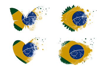 Sublimation backgrounds different forms on white background. Artistic shapes set in colors of national flag. Brazil