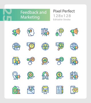 Feedback and marketing pixel perfect RGB color icons set. Advertising optimization. Customer engagement. Isolated vector illustrations. Simple filled line drawings collection. Editable stroke