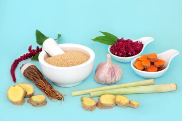 Immune system boosting herbs for good health. Highly nutritious healthy food high in antioxidants, protein, vitamins and minerals for chi boost. On blue background.