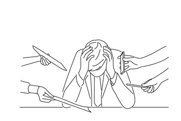 Cartoon of Young businessman hiding head, balancing between duties. line art style