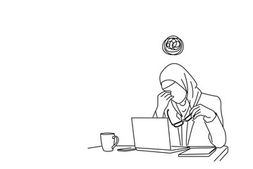 Cartoon of Stressed asian muslim business woman working on a laptop. Outline drawing style art