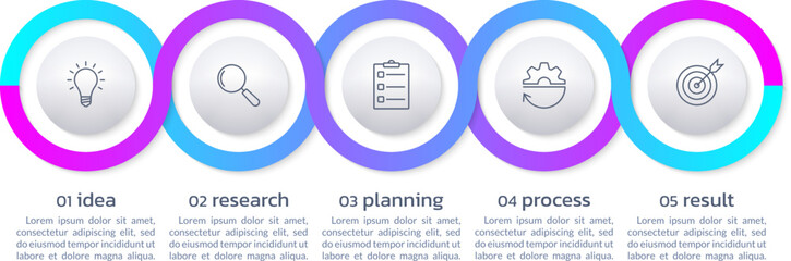 5 step infographic 3d design with business icons. Process, presentation diagram, timeline info graphic template with circle elements. Vector illustration.