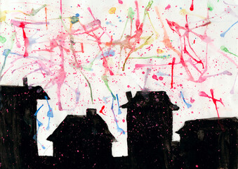 City silhouette with fireworks. Children drawing with houses. Abstract draw