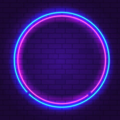 Round neon frame Pink and Blue colors at purple brick wall background. Glowing neon frame in retro 80s - 90s style. Colored neon sign with empty space. Editable Vector  © VRTX
