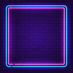 Square neon frame Pink and Blue colors at purple brick wall background. Glowing neon frame in retro 80s - 90s style. Colored neon sign with empty space. Editable Vector
