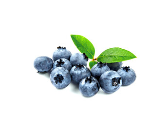 Blueberries with leaves isolated on white backgrounds.
