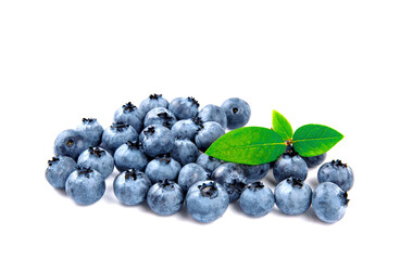 Blueberries with leaves isolated on white backgrounds.