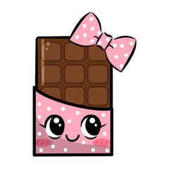 Cute kawaii chocolate bar with a bow. Vector illustartion.