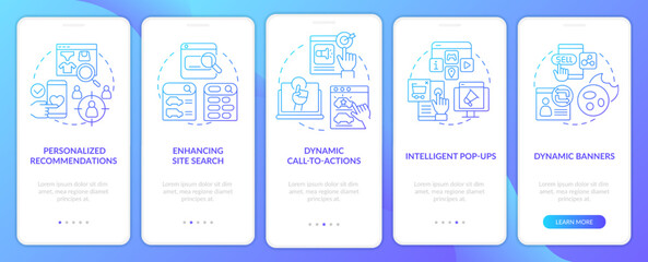 Examples of dynamic content blue gradient onboarding mobile app screen. Walkthrough 5 steps graphic instructions with linear concepts. UI, UX, GUI template. Myriad Pro-Bold, Regular fonts used