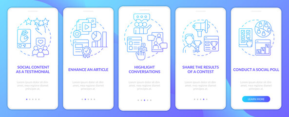 Embeddedness in social networks blue gradient onboarding mobile app screen. Walkthrough 5 steps graphic instructions with linear concepts. UI, UX, GUI template. Myriad Pro-Bold, Regular fonts used