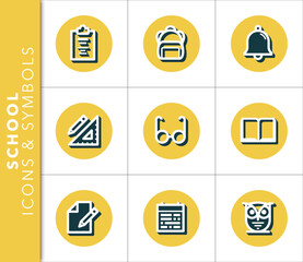 Fototapeta premium Icons and symbols set related to school with shadow on yellow background. Vector isolated graphic.