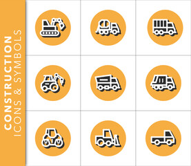 Icons and symbols set related to construction and construction machines with shadow on orange background. Vector isolated graphic.