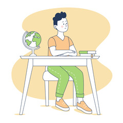 Boy sitting at a desk. Smiling boy studies at school. Line art.