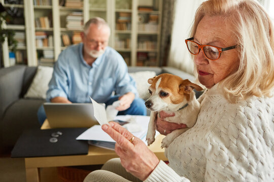 Besorgte Seniorin kontrolliert Ausgaben und Kassenzettel