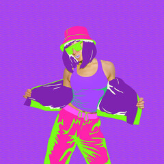 Fashion minimal collage. Mix photo and illustration. Stylish urban Girl