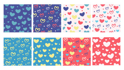 heart seamless patterns in combination of pink, blue, pale yellow and white pastel color. Suitable for scrapbook, product design, wrapping, packaging, background, invitation, and creative project