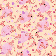 Pattern axalotcles and abstract watercolor blots on a peach background