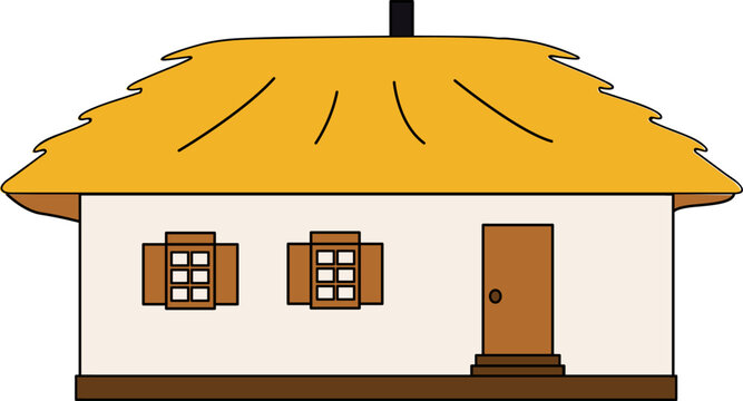 Ukrainian traditional house in flat and line style. Mazanka hut symbol. Village house. Vector illustration. Hut. Retro house. Ukrainian folk rural architecture. 