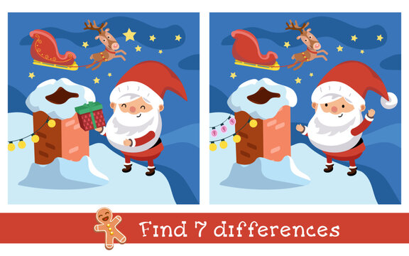 Find 7 differences. Game for children. Cute Santa Claus with gift near brick chimney on roof on Christmas night. Vector illustration.
