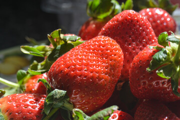 Close-up of fresh strawberries still with their stalks on