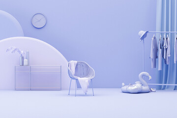 Clothes on a hanger, clock, inflatable flamingo, chair in pastel purple  background. 3d rendering, concept for shopping store and bedroom, studio, holiday