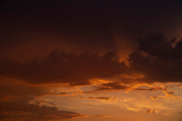 Orange sky at sunset after rain in Kazakhstan. High quality photo