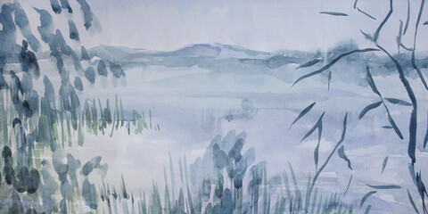 Early morning landscape panorama background. Surface of fresh water reservoir. Neutral watercolor painting with space for text. Wet brush strokes on grungy paper. Summer by the river.