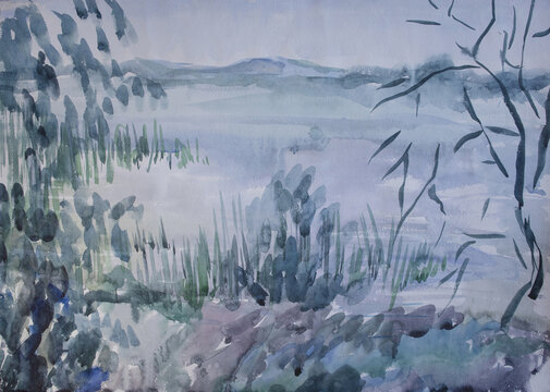 Lake shore landscape. Neutral watercolor. Dim one color pale blue painting. Wet airy brush strokes surface. Grungy paper weathered texture. Tranquility concept.