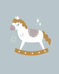 Christmas holiday card with cute childish rocking horse