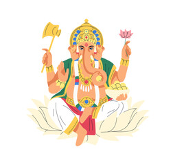 Indian god Ganesha with elephant head. Divine Hindu lord of luck, wisdom. Ganapati deity from India, Hinduism. Ancient divinity sitting on lotus. Flat vector illustration isolated on white background