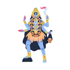 Kali, Indian goddess of Hinduism. Hindu female deity, divinity with sword and head in arms. Divine Bhadrakali mother of change, time, anger. Flat vector illustration isolated on white background