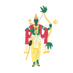 Kamadeva, Indian god of love and desire. Kama, Hindu divine archer character with bow and arrows. Hinduism deity statue. Ancient India divinity. Flat vector illustration isolated on white background