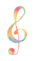 Watercolor treble clef in rainbow colors on white background