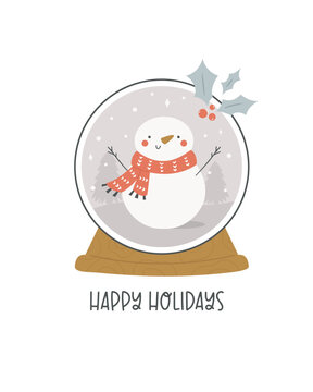 Christmas holiday card with snowball and snoman inside.