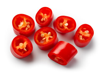 Chili pepper isolated. Cut chilli top view on white background. Red hot chili peppers slice top....