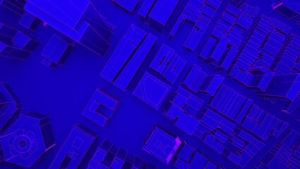 Top view on metaverse city. Ultraviolet cyberpunk town. 3d render illustration