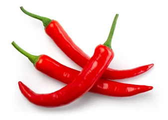 Gardinen Chilischoten Chilischote isoliert. Chili-Draufsicht auf weißem Hintergrund. Spitze mit drei roten scharfen Chilischoten.  © Tim UR