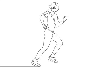 Continuous line drawing. Sport running woman on white background. Vector illustration