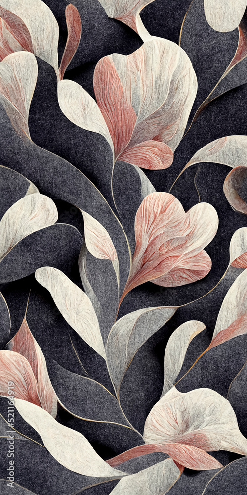 Wall mural Trendy, abstract floral pattern, elegant pastel color, modern design wallpaper. Colorful leaves and flowers. Asymmetrical ornament, amazing graphic backdrop. Illustration.