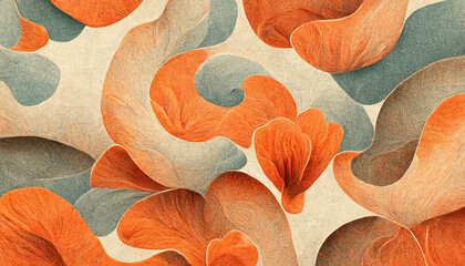 Trendy, abstract floral pattern, elegant orange color, modern design wallpaper. Colorful leaves and flowers. Asymmetrical ornament, amazing graphic backdrop. Illustration. - 521164962