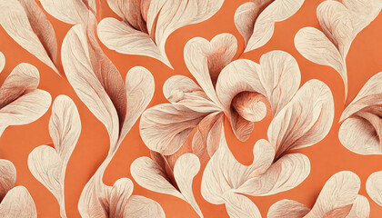 Trendy, abstract floral pattern, elegant orange color, modern design wallpaper. Colorful leaves and flowers. Asymmetrical ornament, amazing graphic backdrop. Illustration. - 521164971