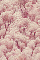 Trendy, abstract tree pattern, elegant, pastel pink color, modern design wallpaper. Sakura trees in spring. Asymmetrical ornament, amazing graphic backdrop. Illustration. High Resolution. - 521164991