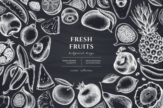 Fruits hand drawn illustration design. Background with chalk bananas, pears, kiwi etc.