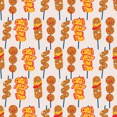 Fotobehang Seamless pattern with korean street food. Сorn dog, hot dog, rice cake tteokbokki, oden. Vector stylish illustration, background, print, design © irinabogomolova